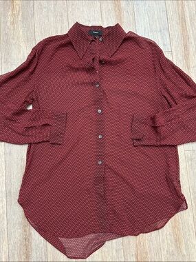 Theory Weekender Dot Chiffon Burgundy Button-Down Shirt Black Micro Pattern S